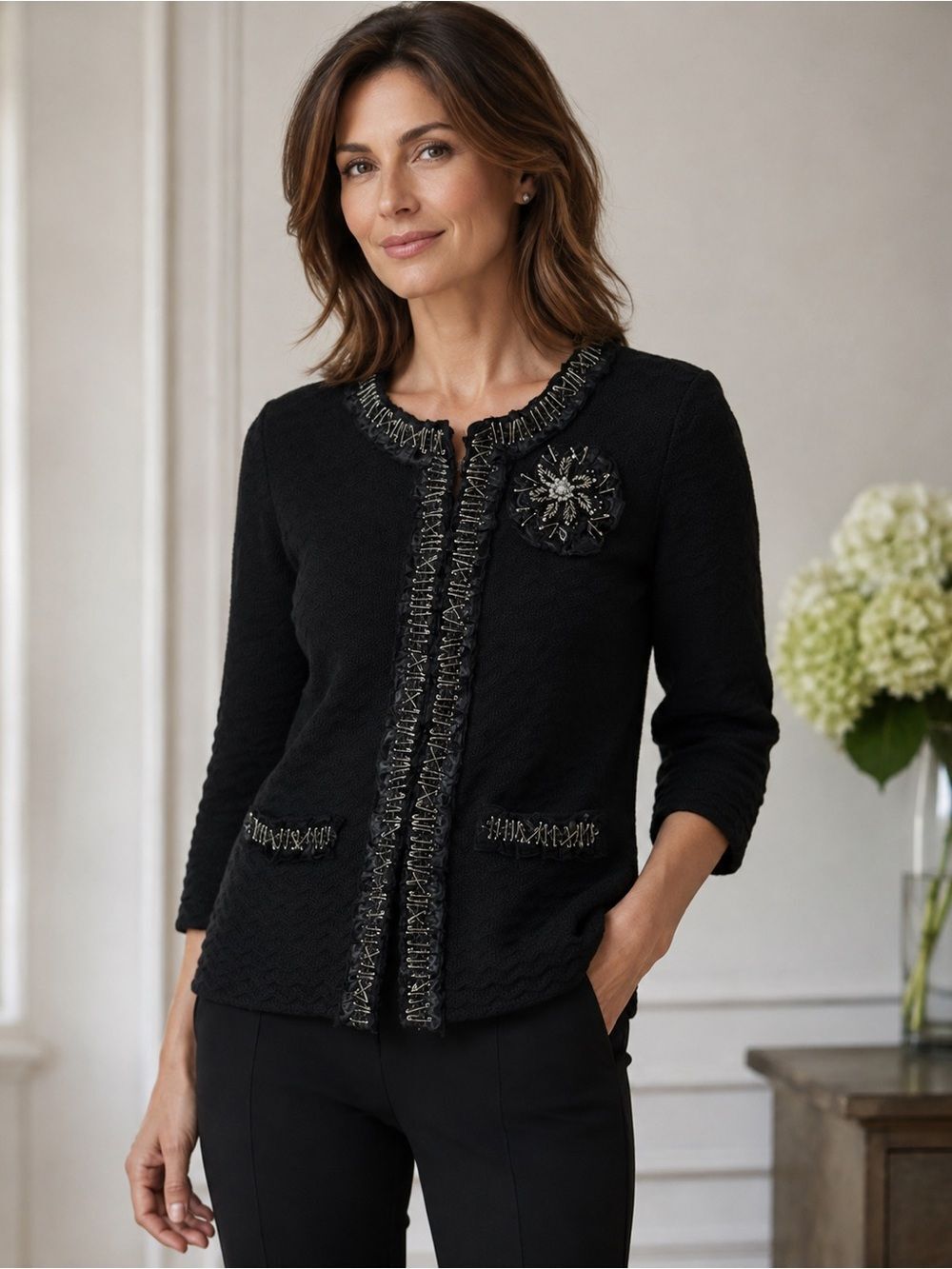 Michael Simon Black Safety Pin Accent Textured Cardigan Sweater Size L